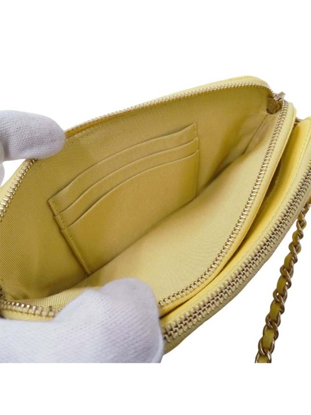 Chanel Wallet Shoulder Quilted Caviar Leather Yellow Gold Chain Logo Glittering - Picture 8 of 12